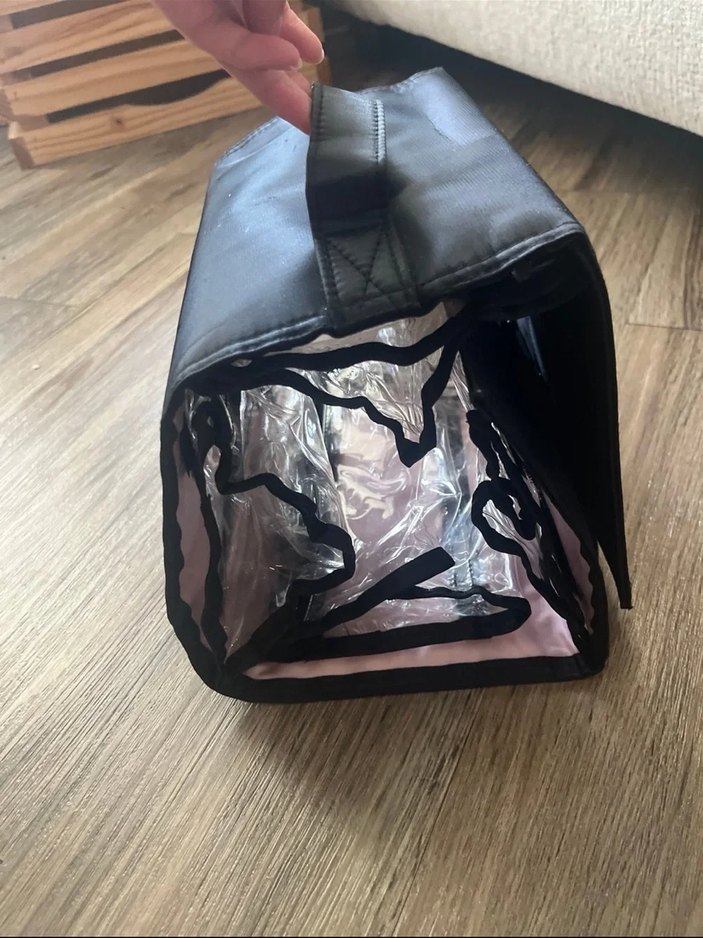 Hanging Travel Organizer Bag in Black with Pink Interior